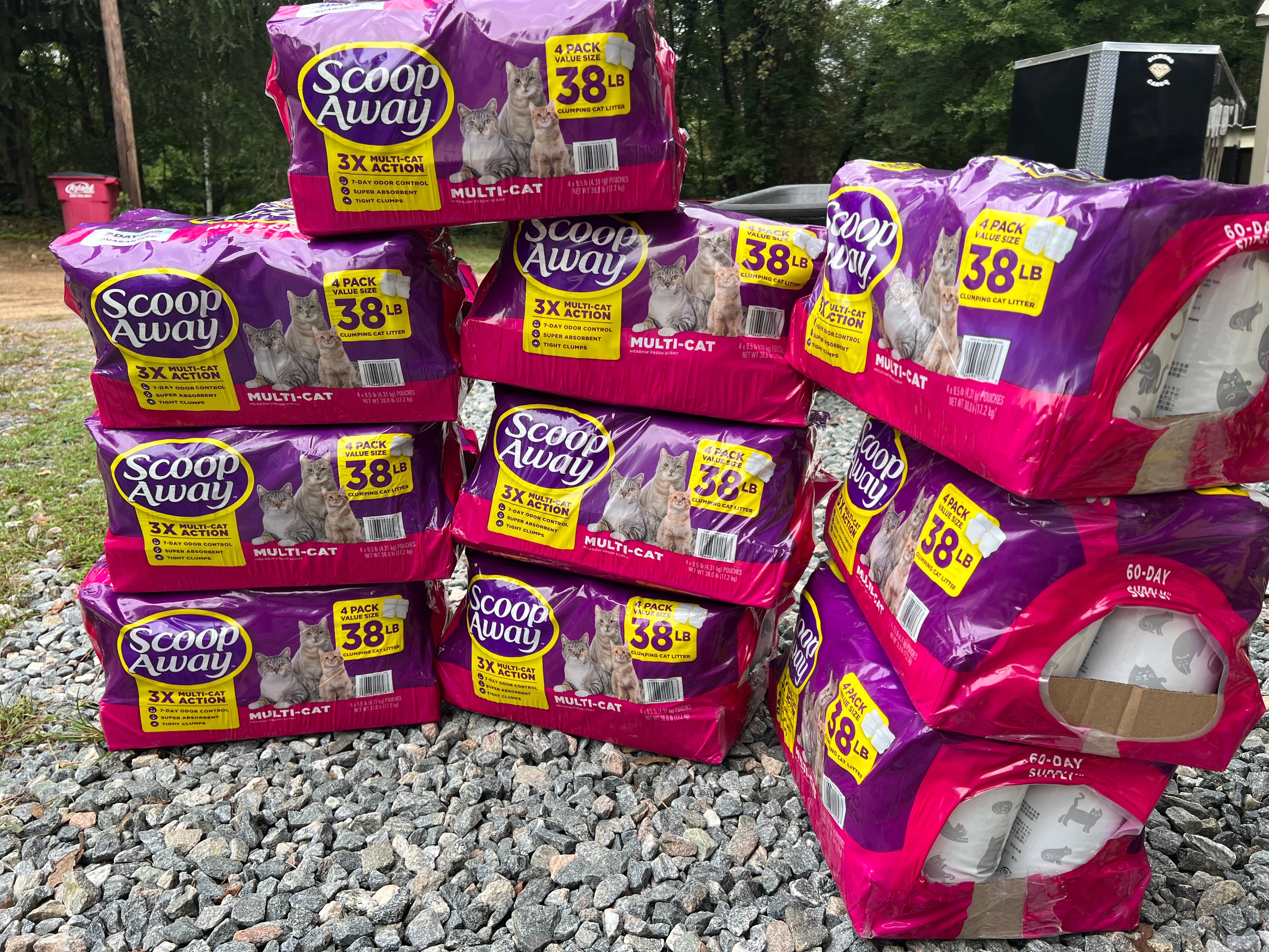 Stacks of Scoop Away cat litter donated to Faith Animal Rescue