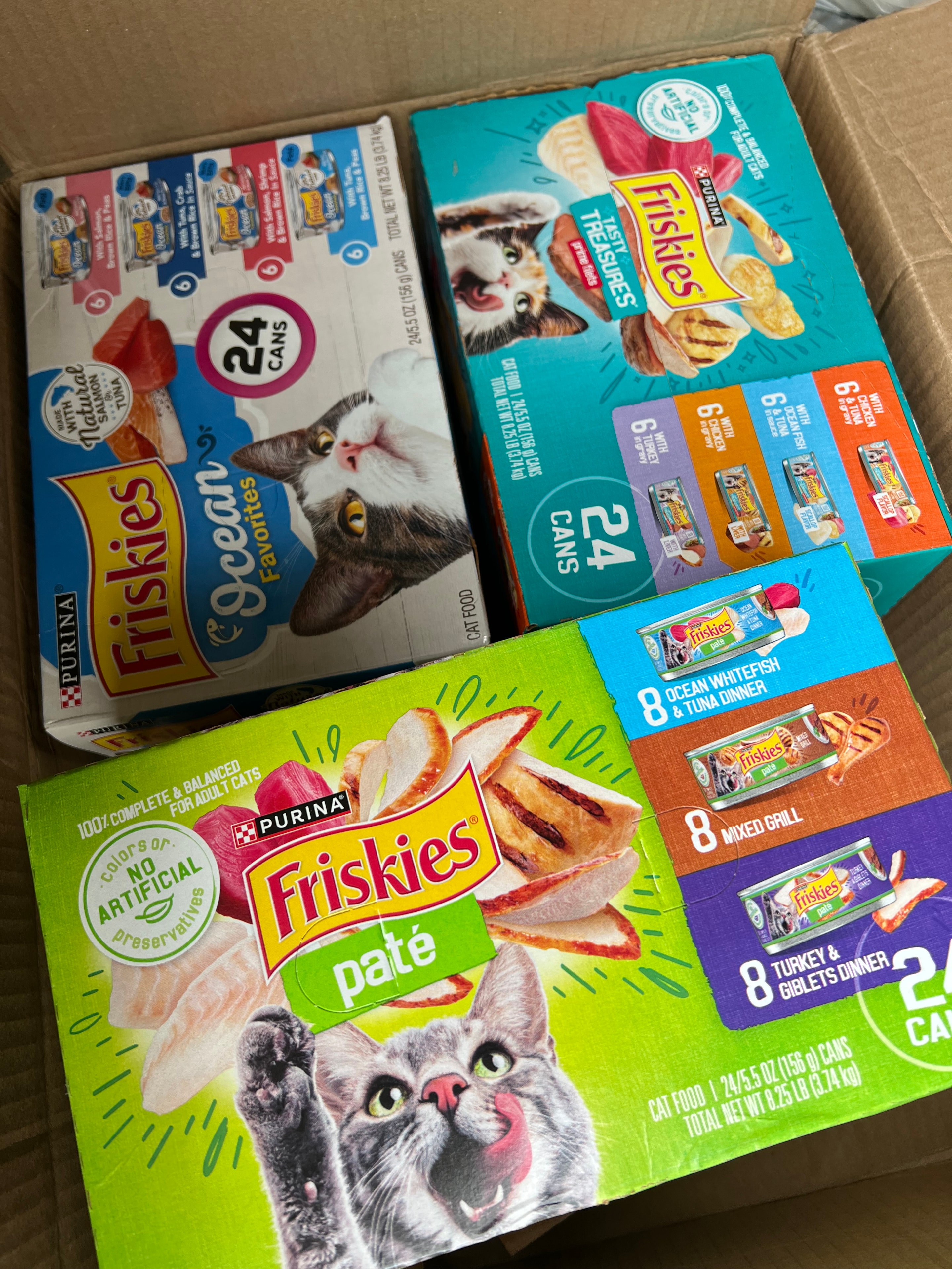 Friskies and Fancy Feast cat food boxes donated