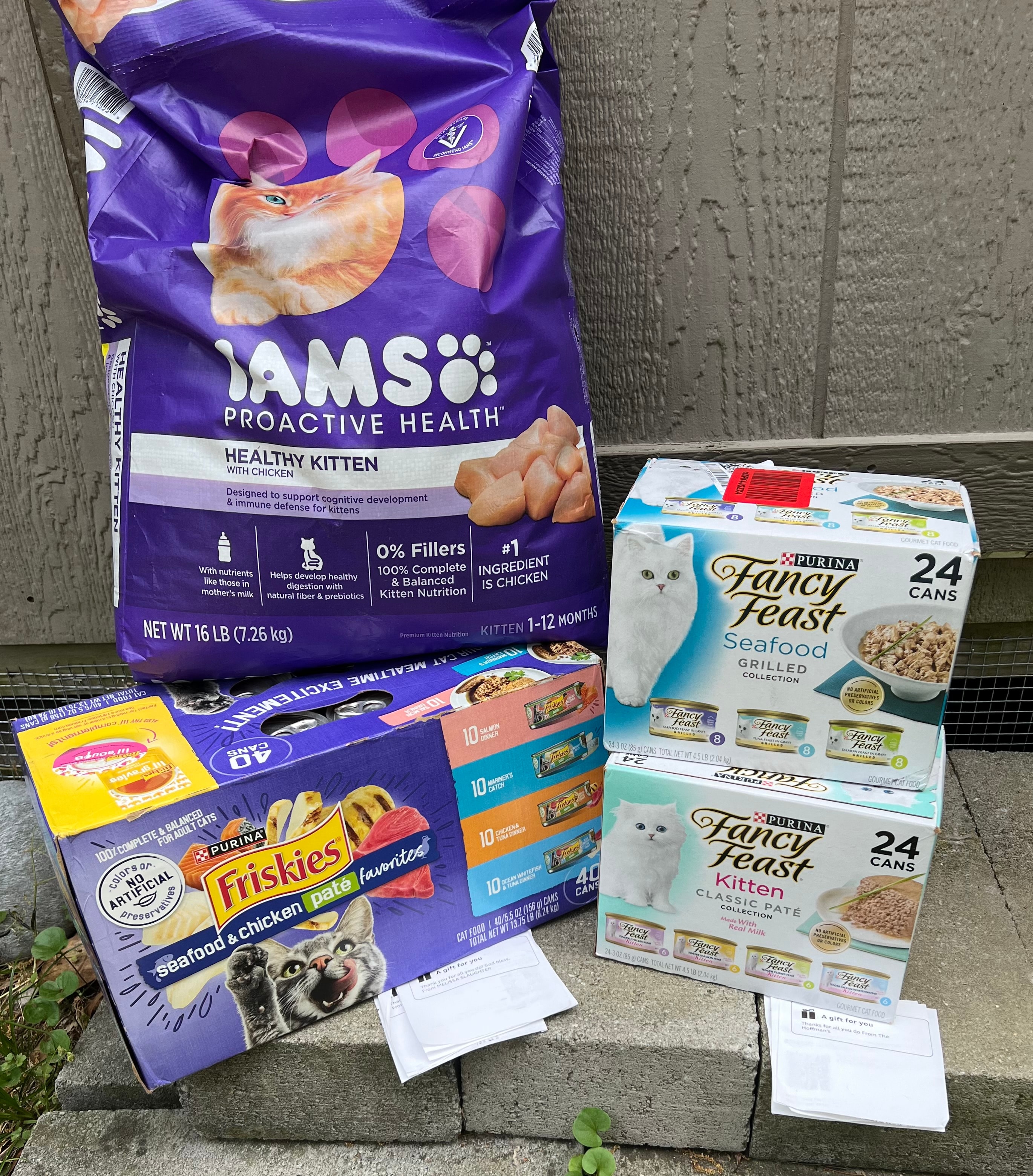 Iams kitten food bag and Fancy Feast and Friskies cat food boxes donated