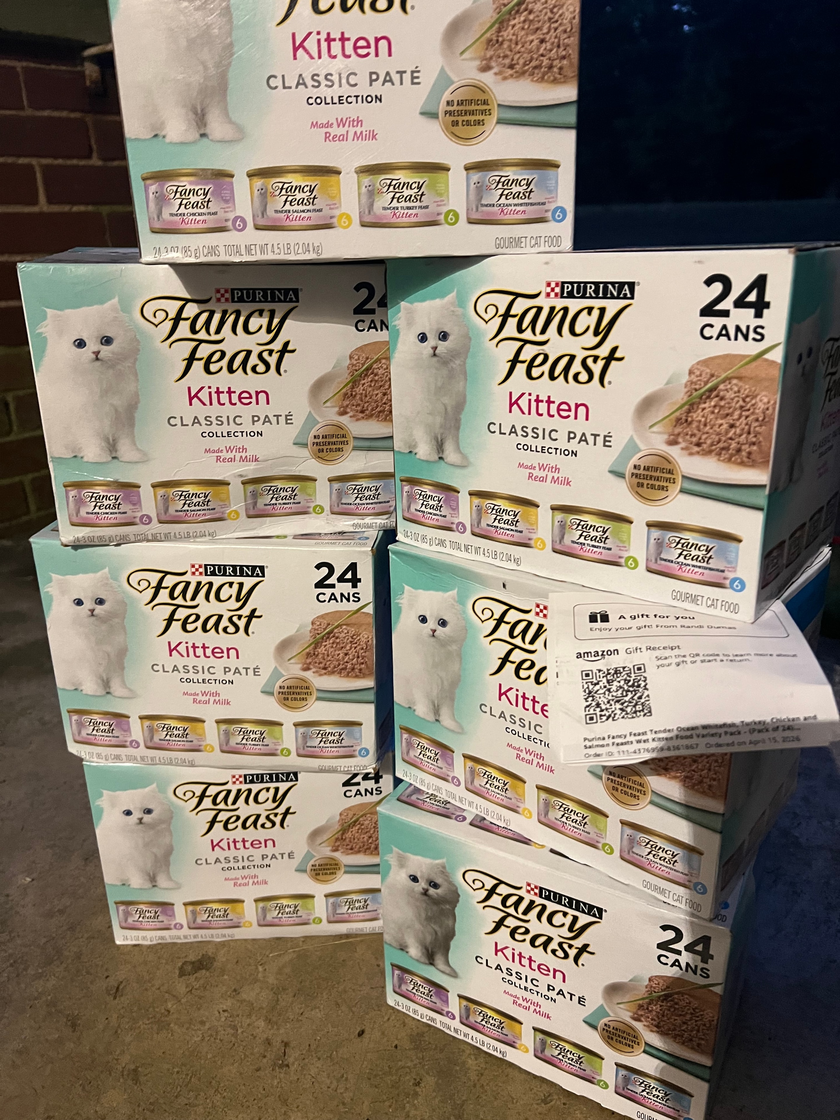 Stacked Fancy Feast Kitten Classic Paté boxes donated