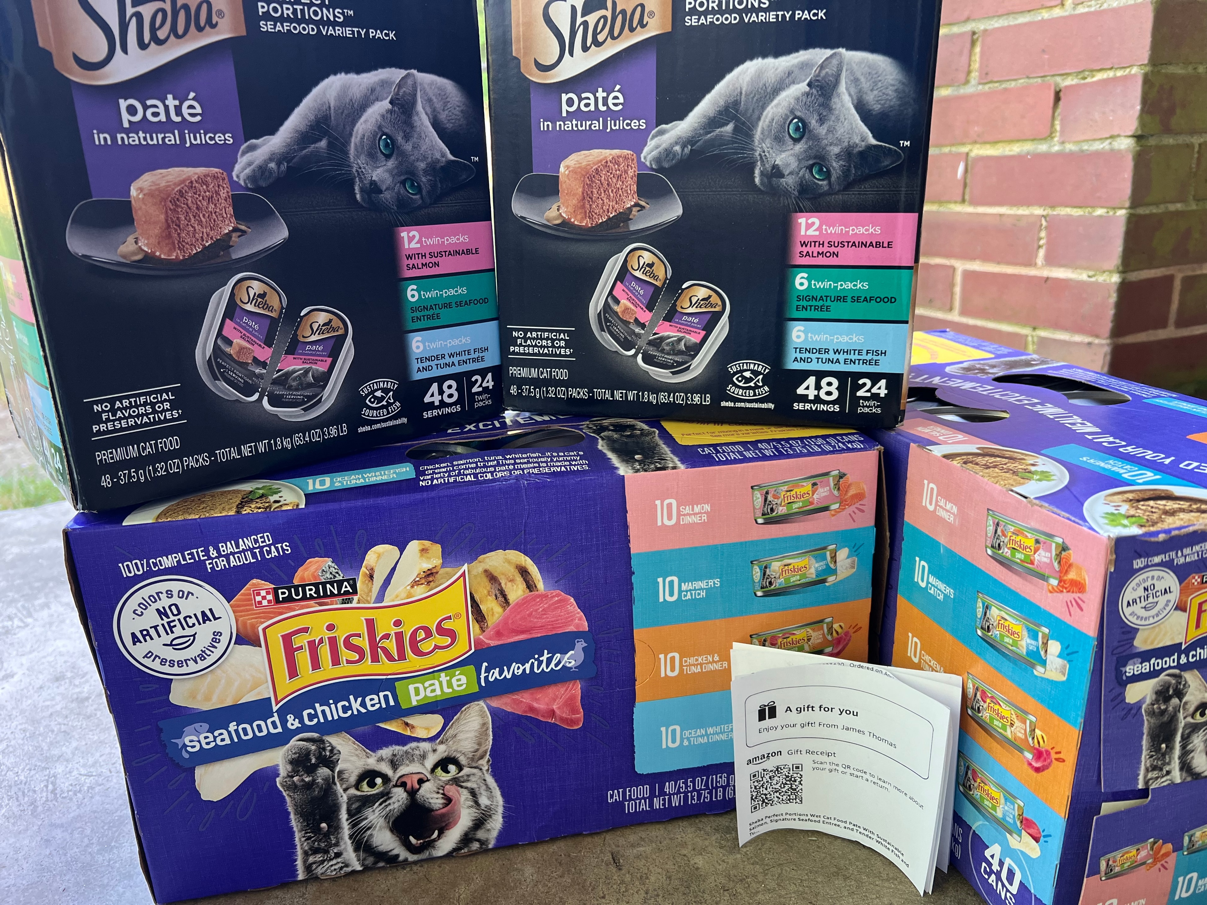 Sheba Seafood Variety and Friskies cat food boxes donated