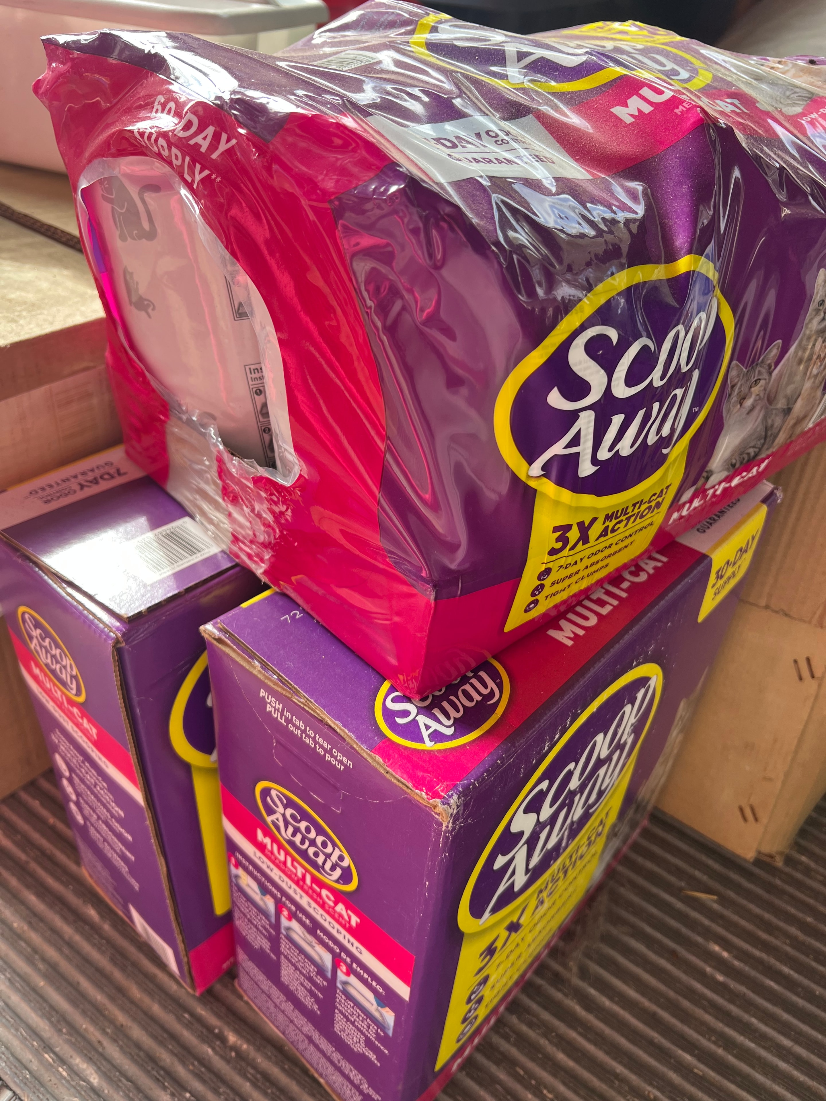 Scoop Away litter bags and boxes in storage